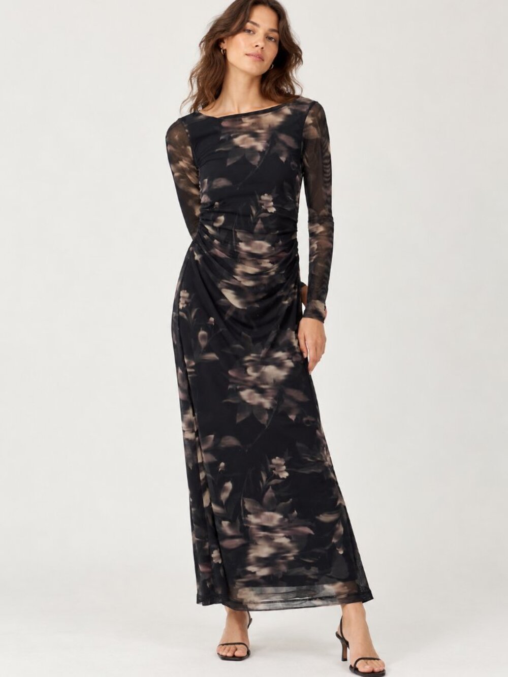 Dynamite Long Sleeve Black Floral Mesh Midi Slip Dress Sz Medium